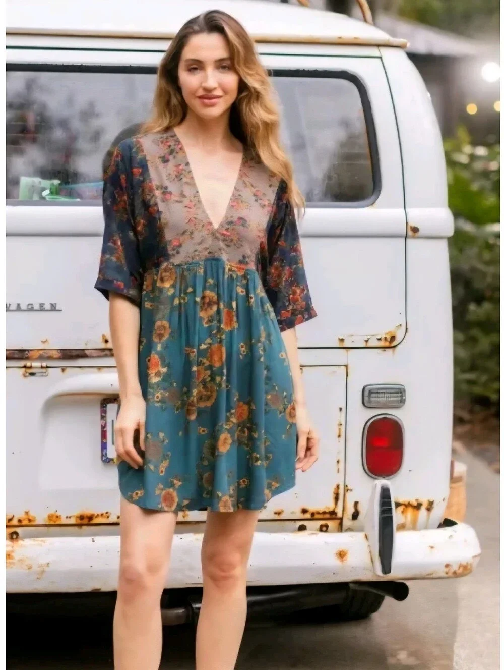 Natural Life Womens Pink Floral Ditsy Stella V-Neck Mini Dress  Large Boho